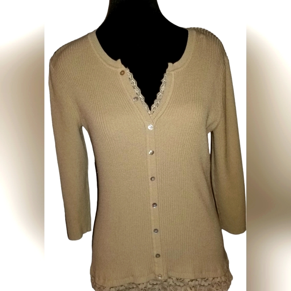 Emma James cream knit top with micro lace detail at neck and hemline